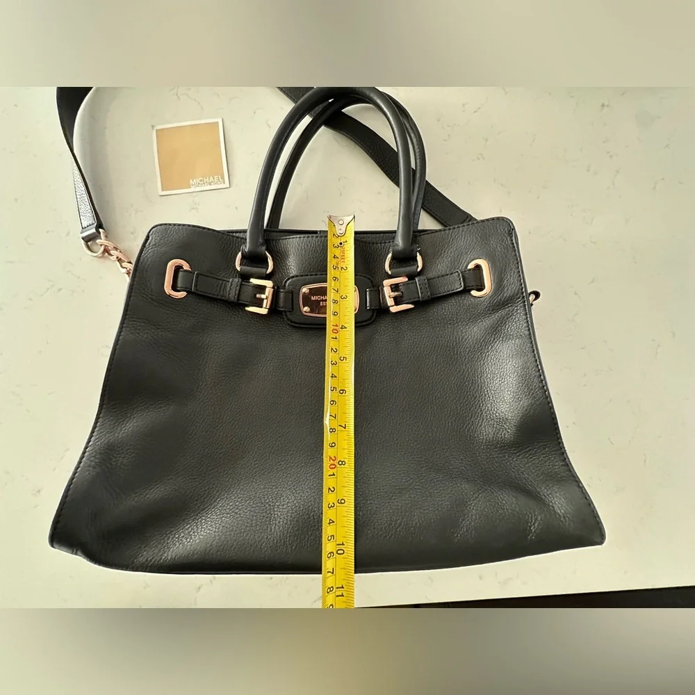 Michael Kors HAMILTON Black Pebbled Leather Satchel Tote Bag Rose Gold Hardware - Picture 11 of 17